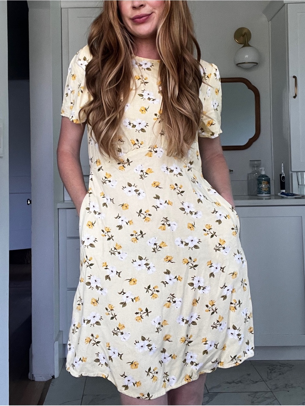 Soft butter Yellow Floral Mini Dress with pockets